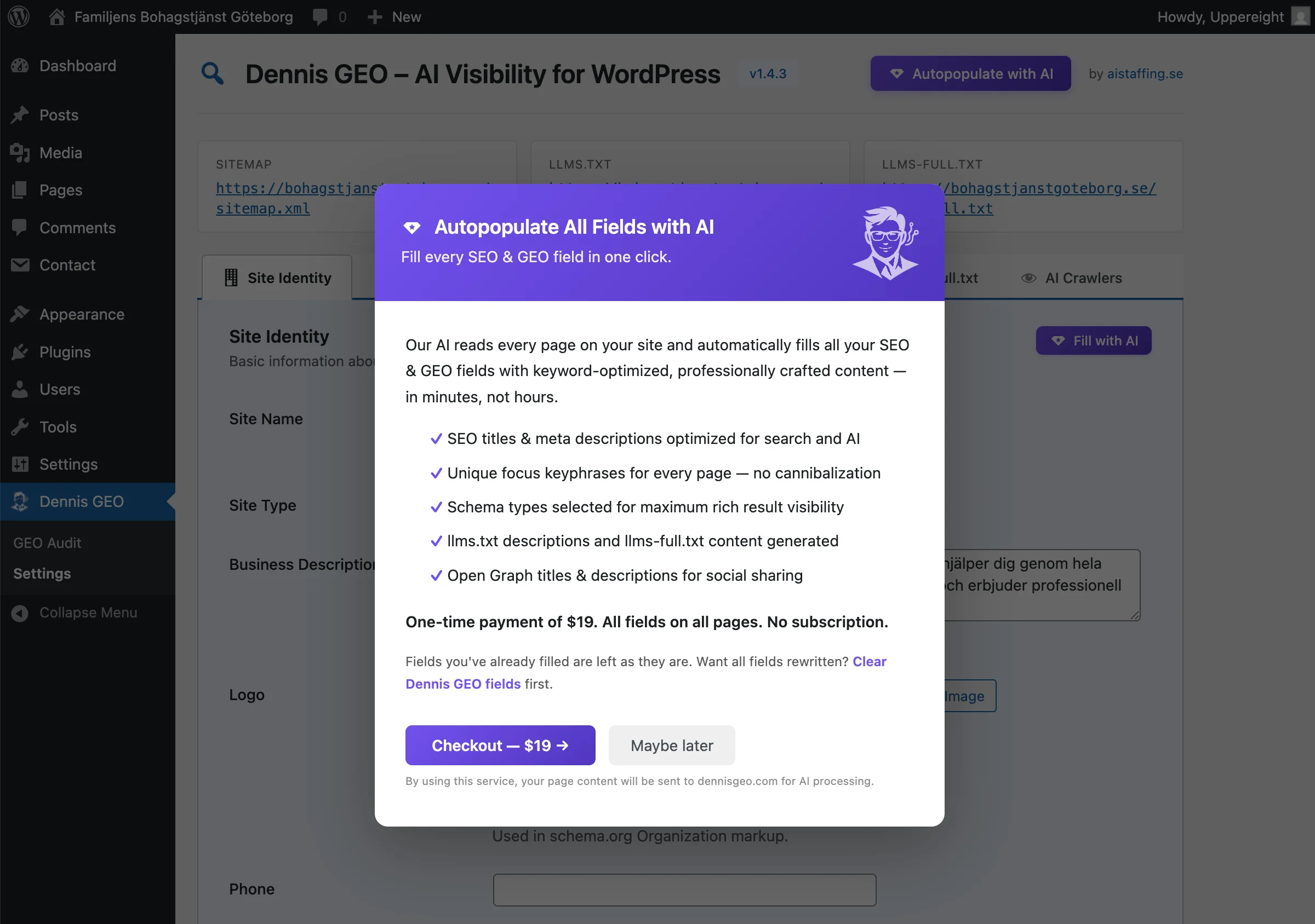 AI-ifyllningsmodal som visar automatisk f&auml;ltgenerering f&ouml;r $19 eng&aring;ngsbetalning