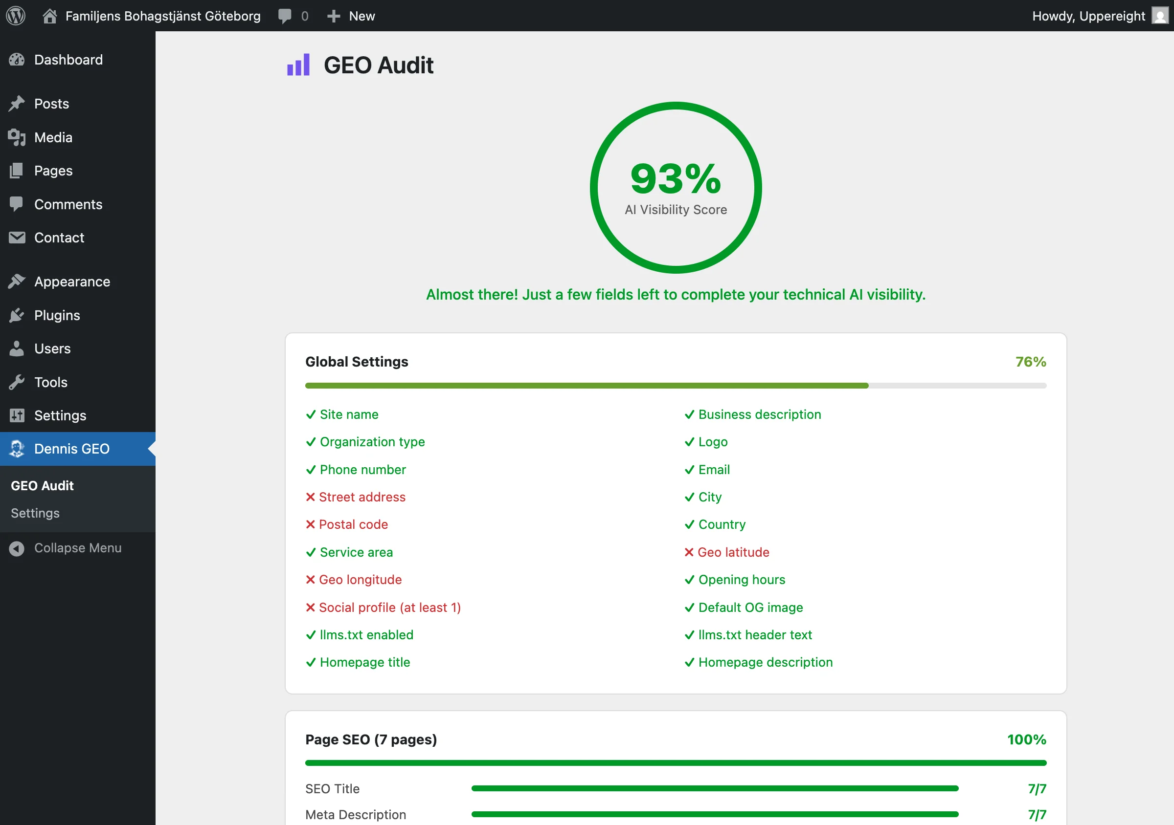GEO-granskningspanel som visar 93 % AI-synlighetspo&auml;ng med globala inst&auml;llningar och kontroller per sida