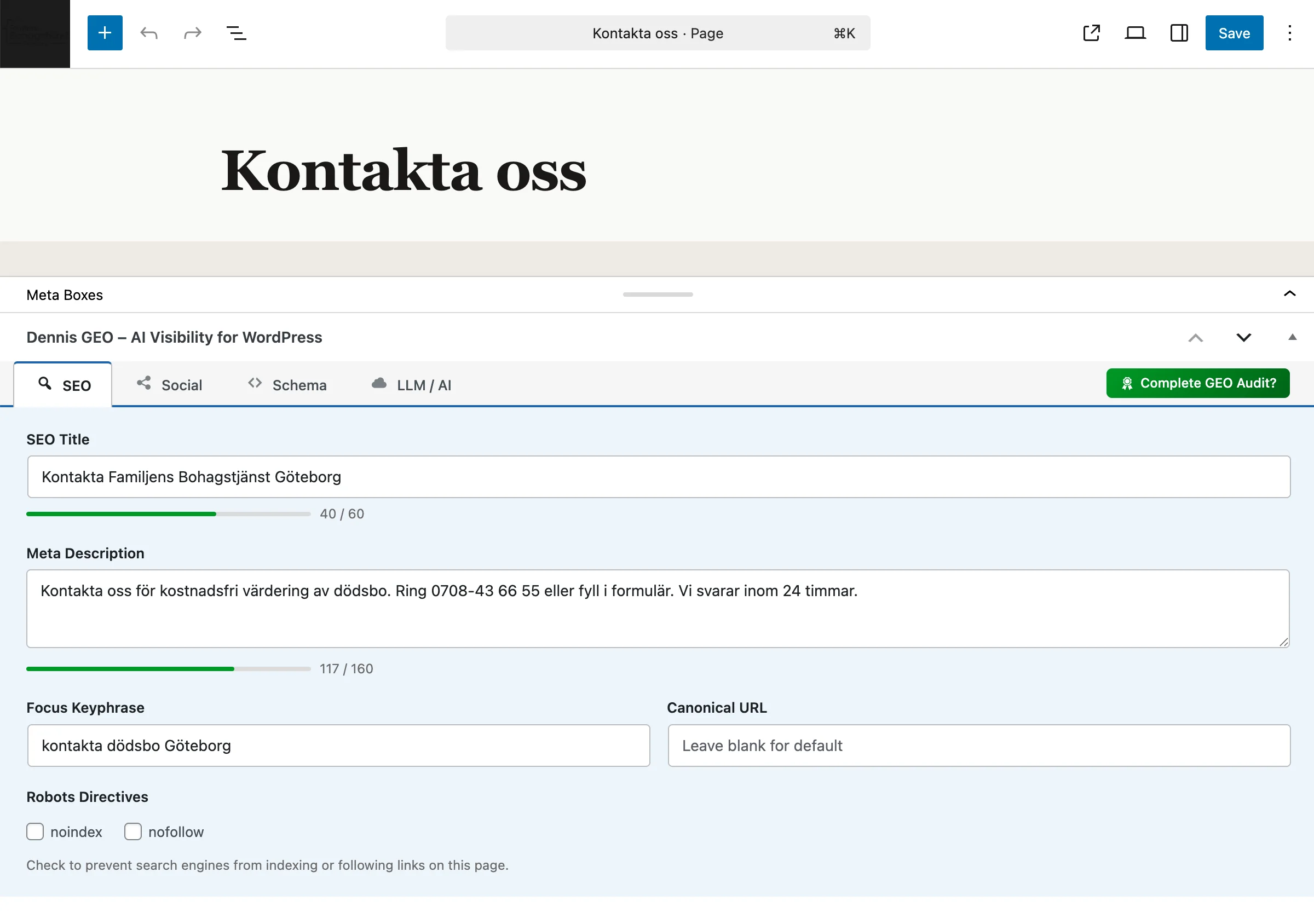 Dennis GEO-metaruta i WordPress-redigeraren med SEO-titel, metabeskrivning, fokus-nyckelord och teckenr&auml;knare