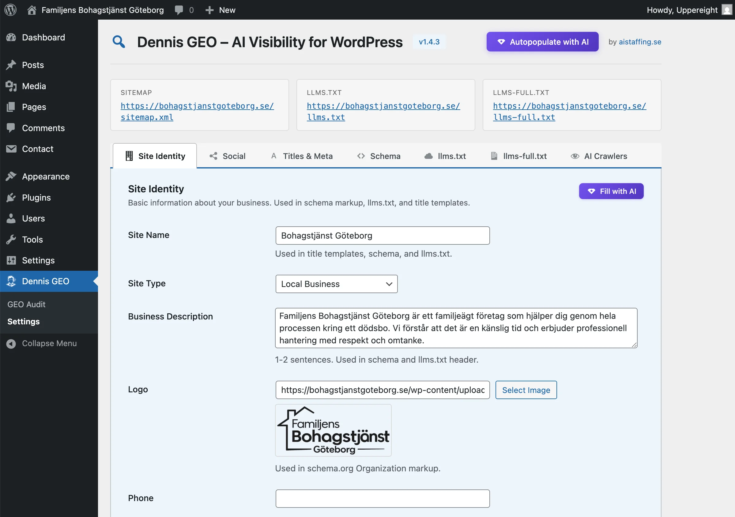Dennis GEO-inst&auml;llningssida med webbplatsidentitet, f&ouml;retagsinfo, schema och llms.txt-konfiguration